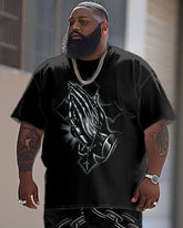 Men's Large Street Casual Prayer Cross Faith Print T-Shirt Trousers Set